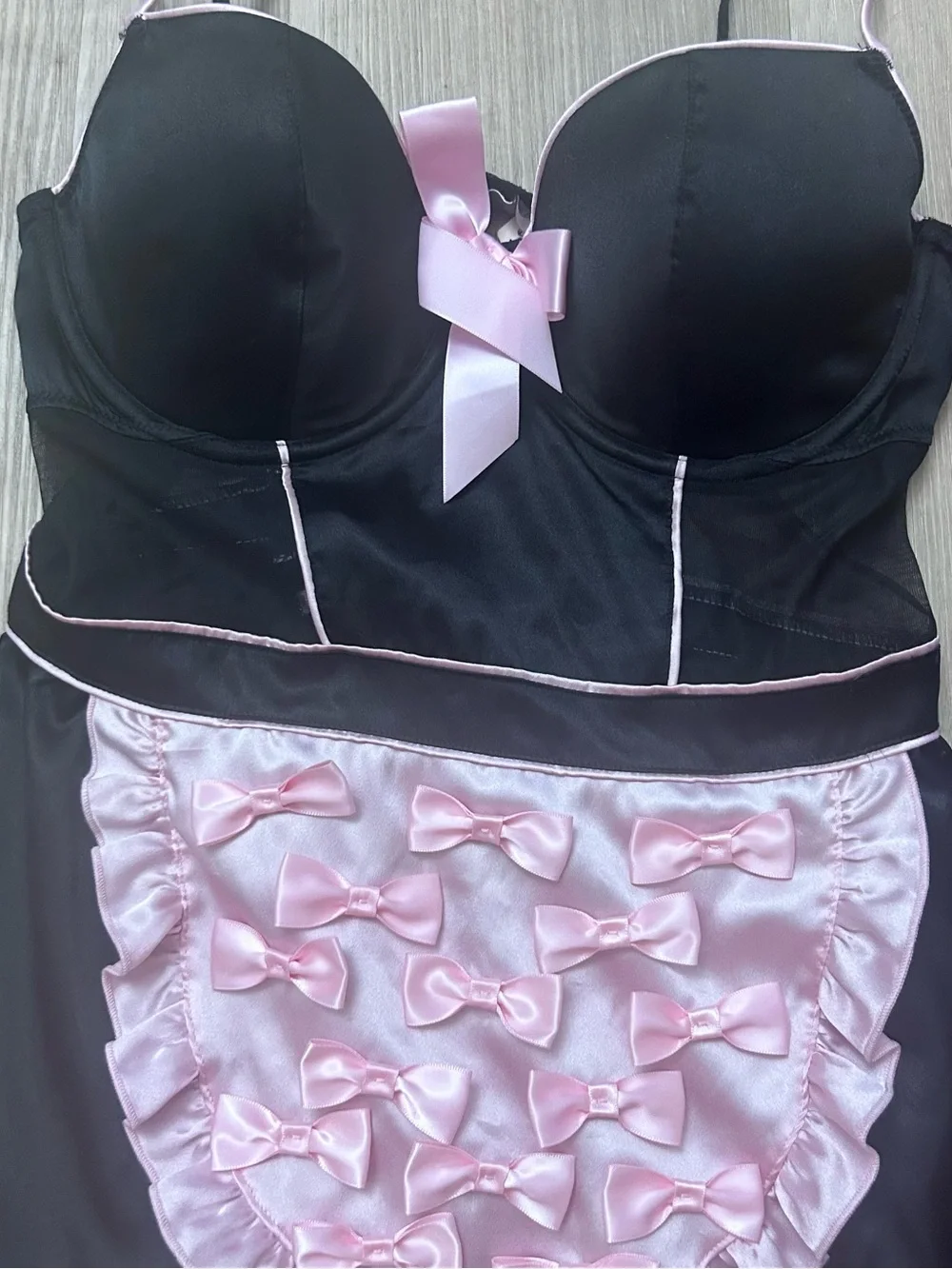 Victoria's Secret Black Pink Sexy Maid Lingerie Lace Babydoll Chemise 2 Set 36C